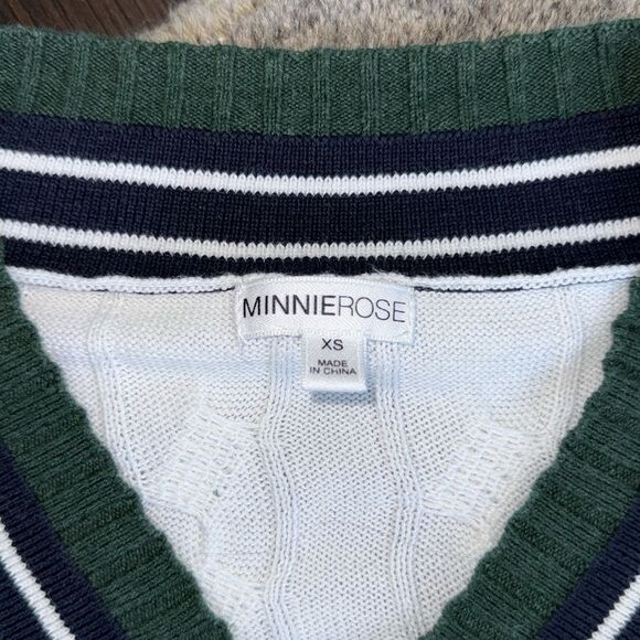Minnie Rose Green and White V-Neck Cable Knit Sweater, XS - Picture 7 of 8